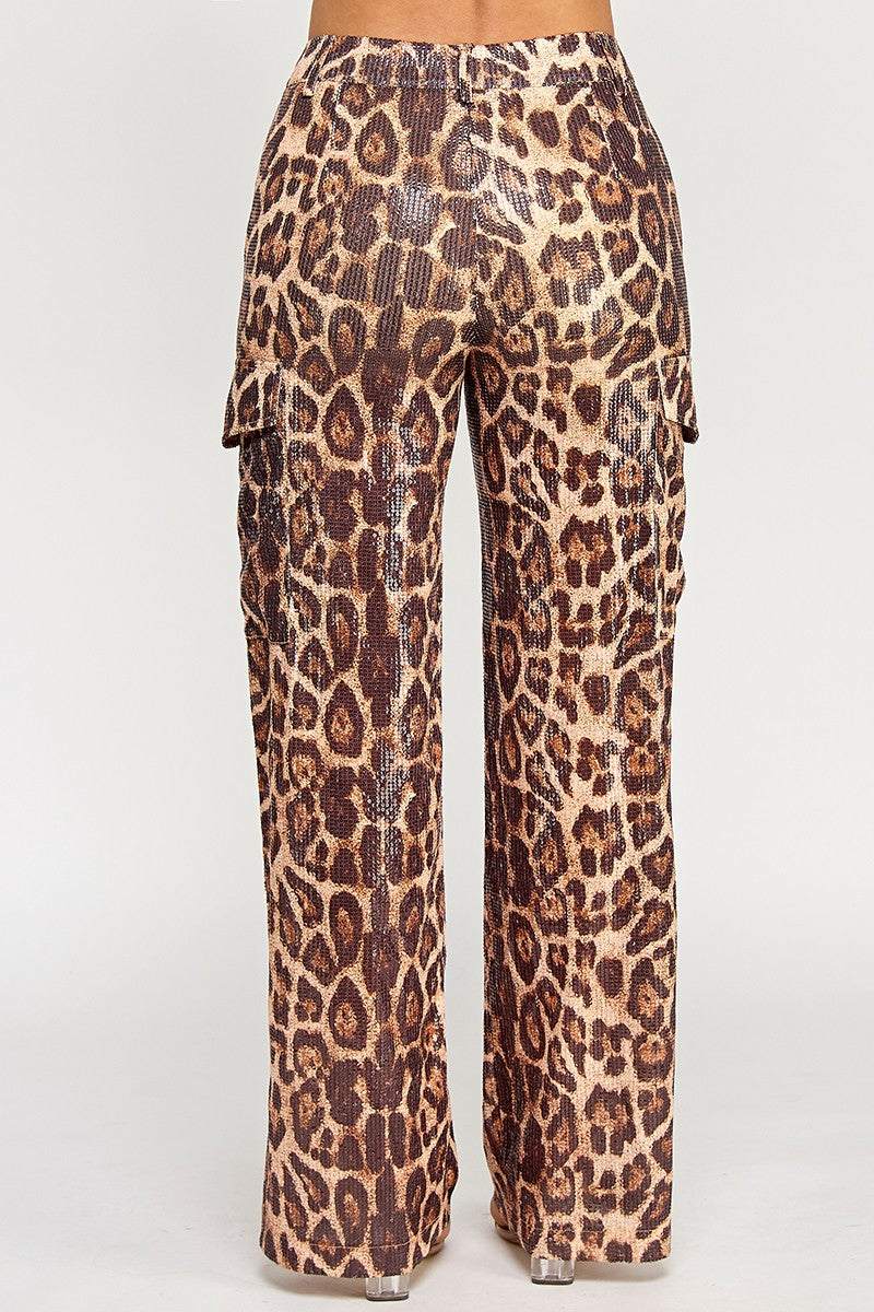 Shanie Leopard Print Sequin Embellished Straight Leg Pants