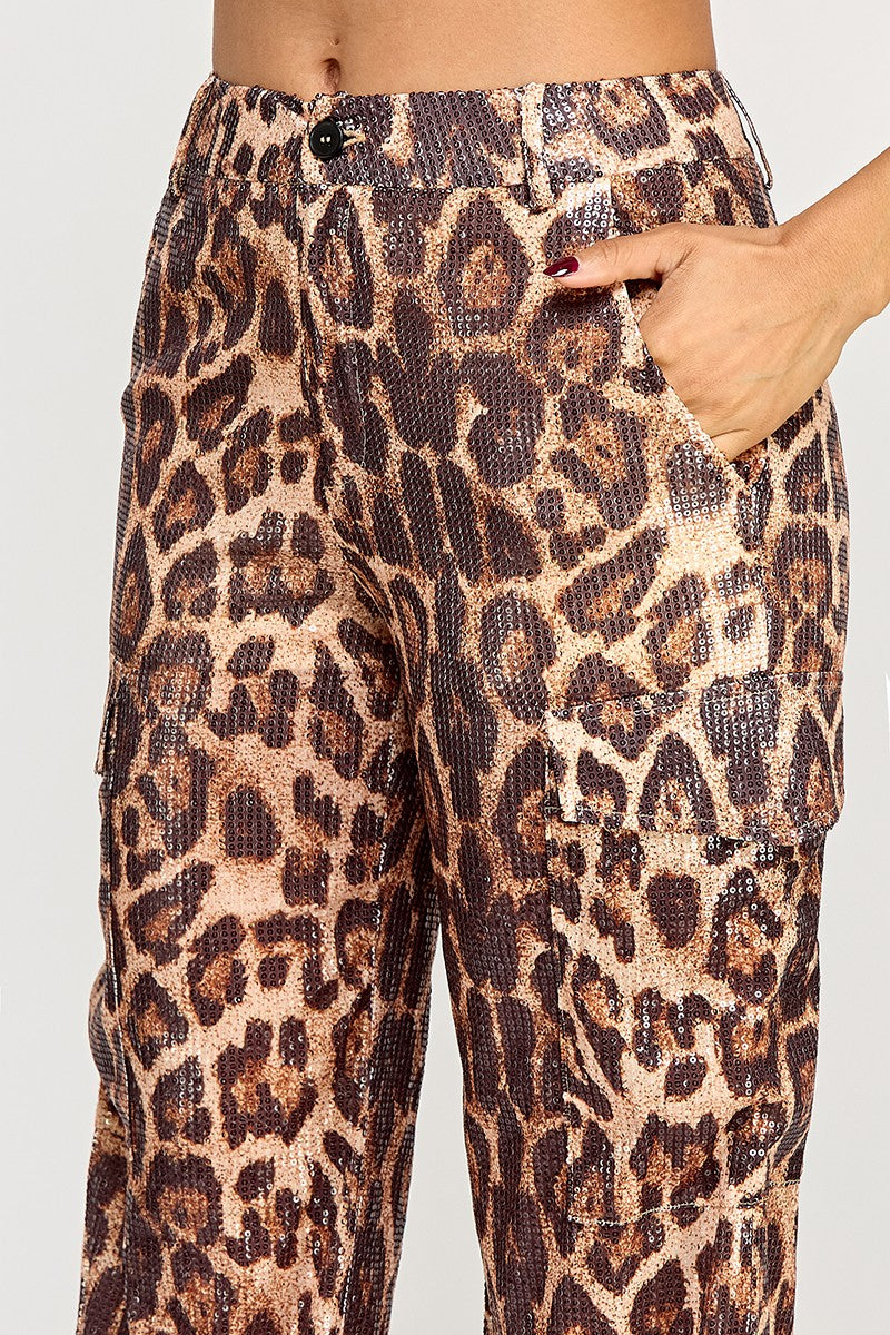Shanie Leopard Print Sequin Embellished Straight Leg Pants