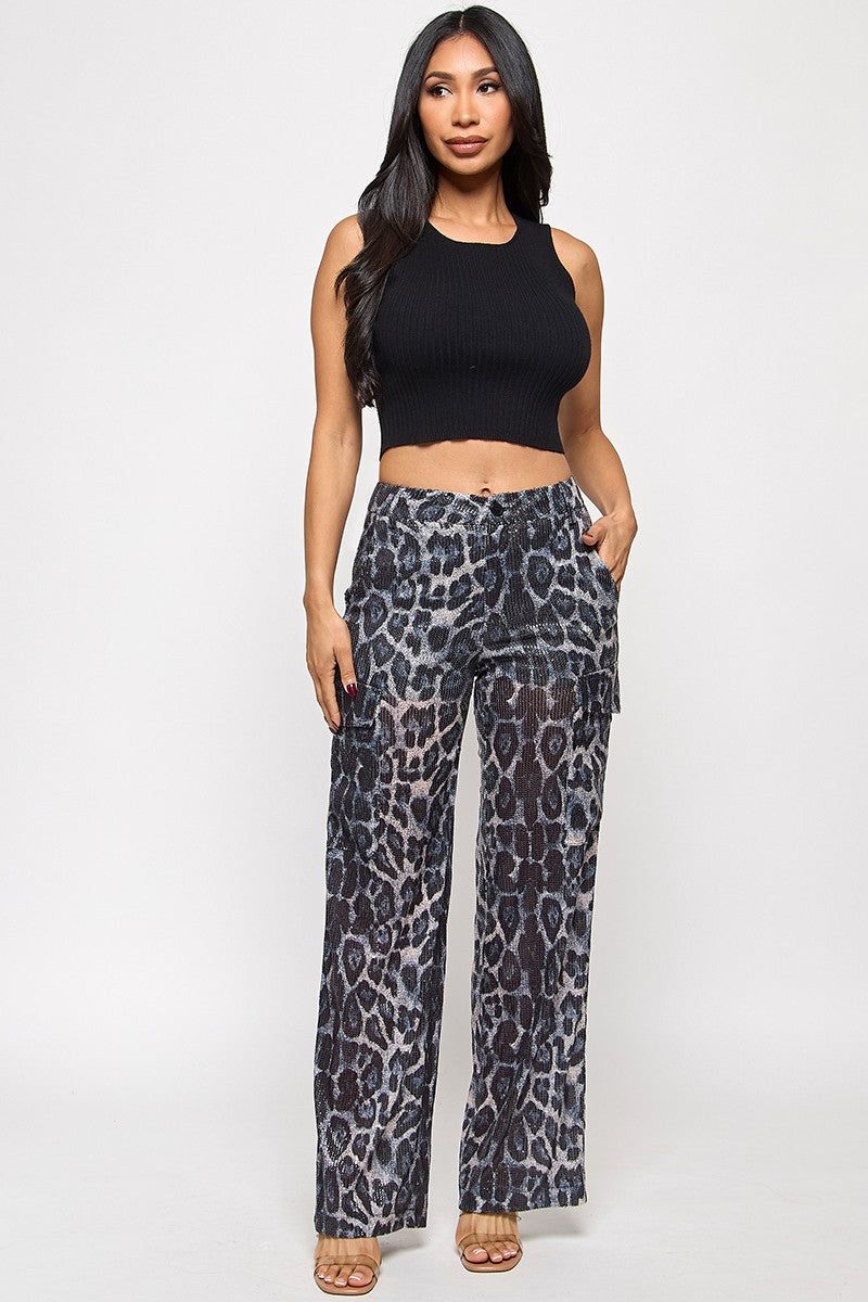 Shanie Leopard Print Sequin Embellished Straight Leg Pants