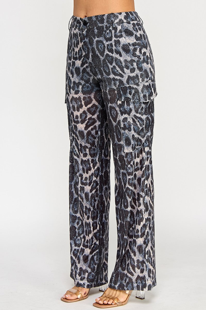 Shanie Leopard Print Sequin Embellished Straight Leg Pants