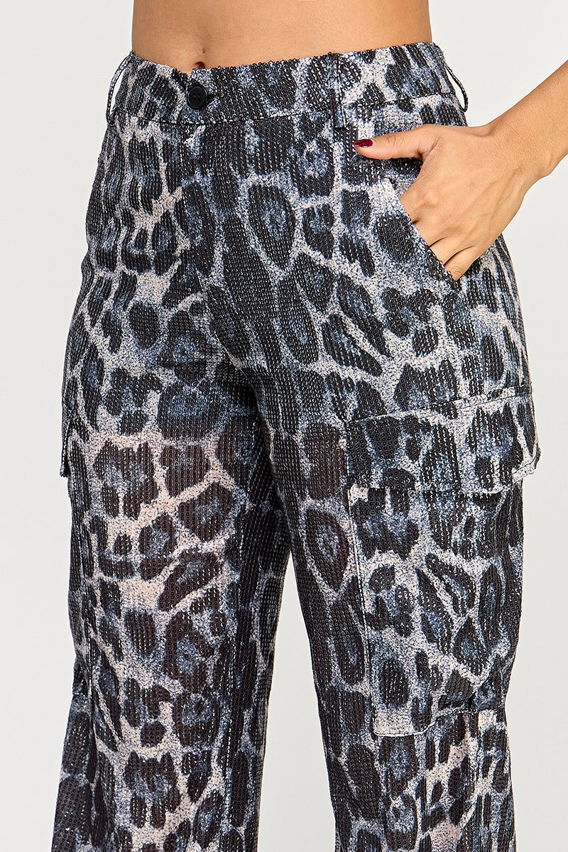 Shanie Leopard Print Sequin Embellished Straight Leg Pants