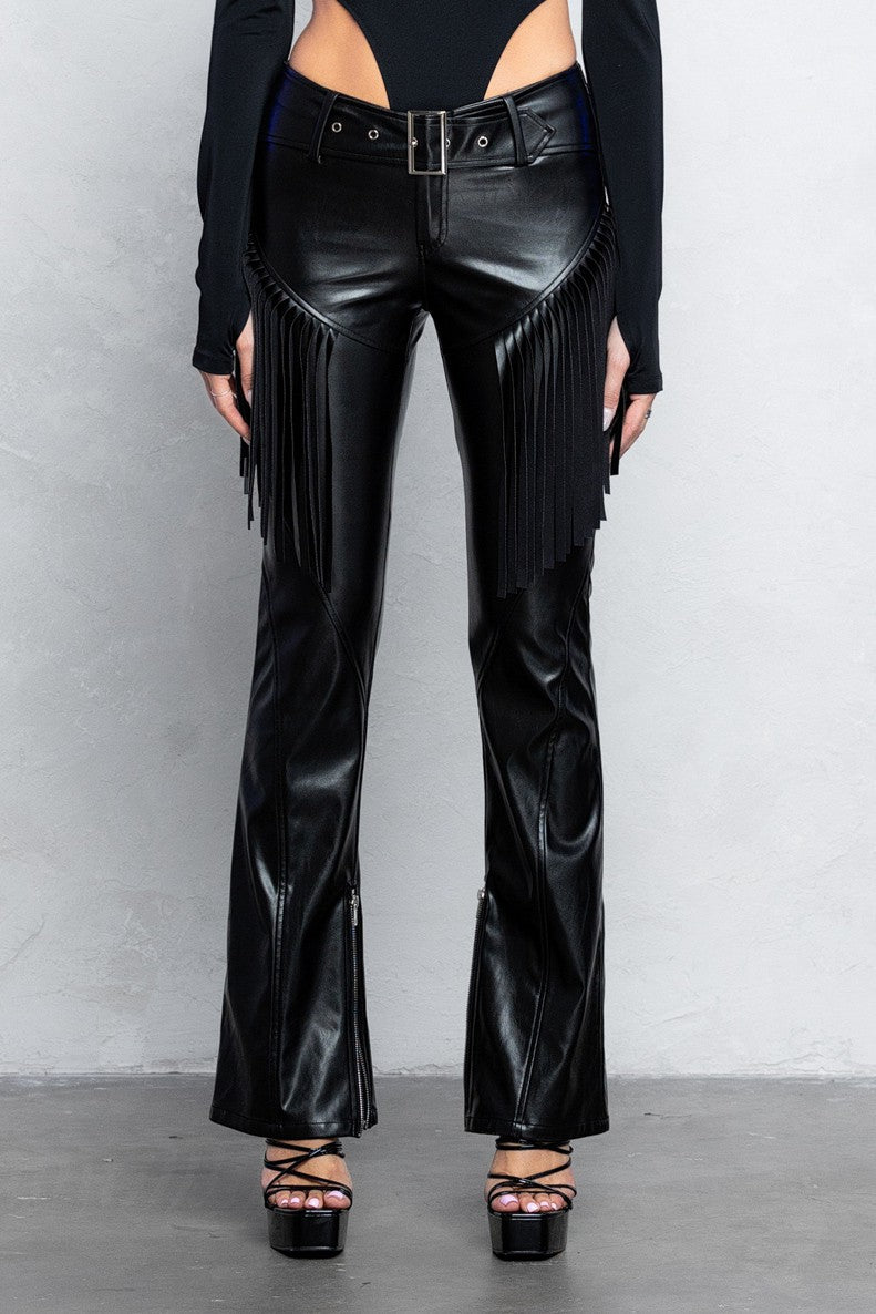 Jordana Fringe Detail Belted Faux Leather Low Rise Bootcut Pants
