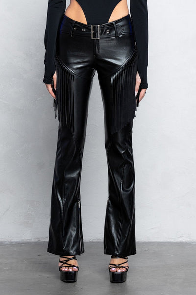 Jordana Fringe Detail Belted Faux Leather Low Rise Bootcut Pants