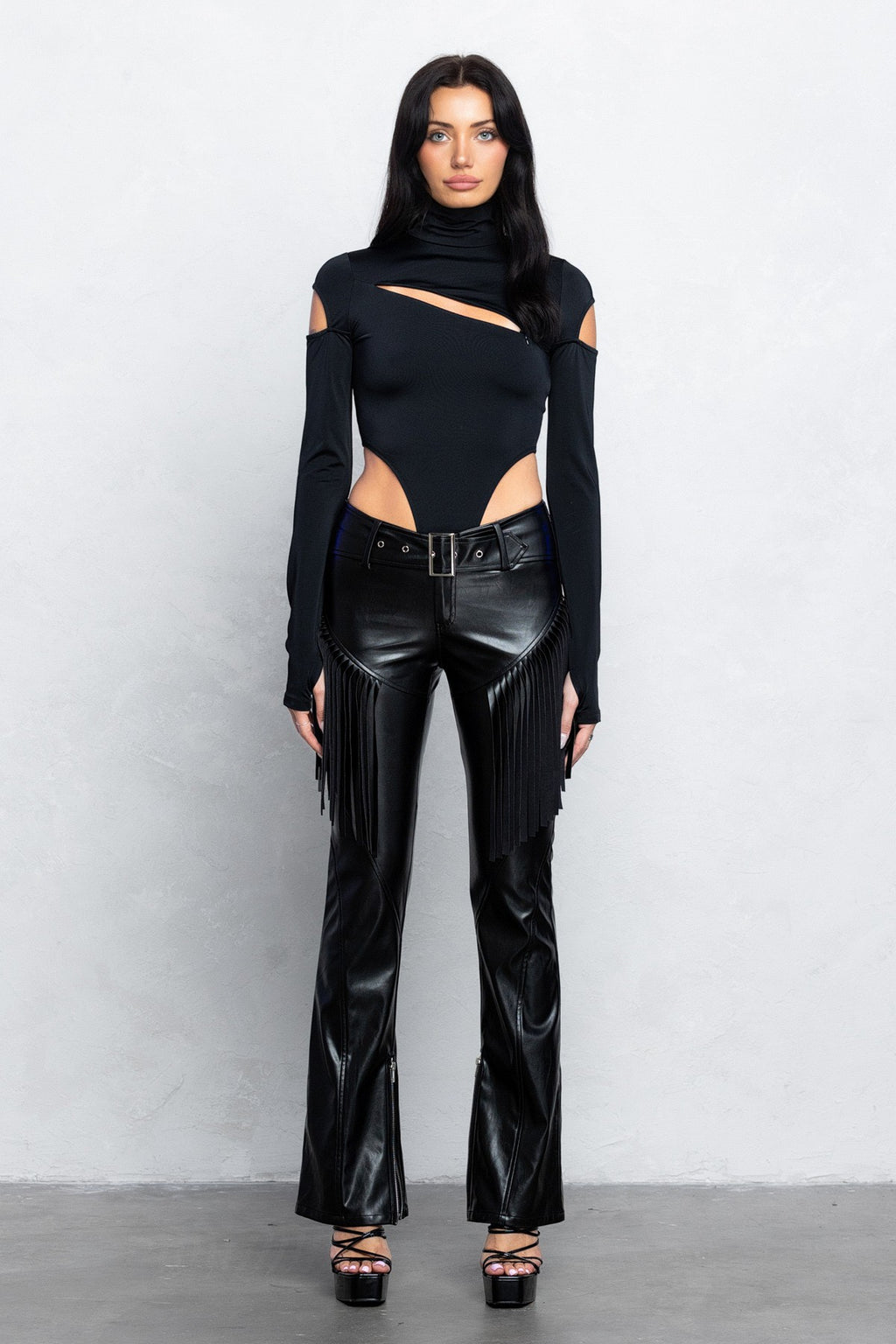 Jordana Fringe Detail Belted Faux Leather Low Rise Bootcut Pants
