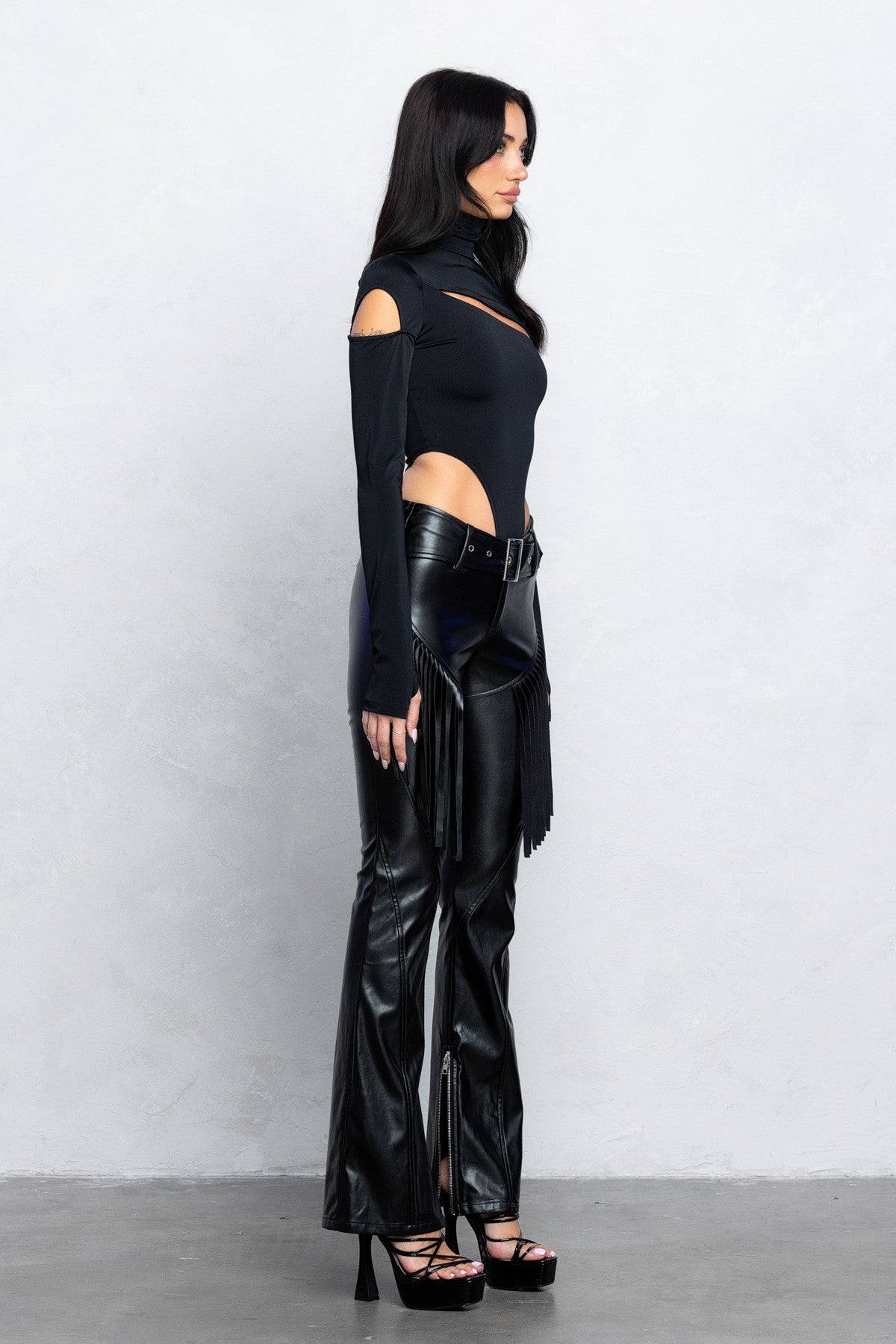 Jordana Fringe Detail Belted Faux Leather Low Rise Bootcut Pants