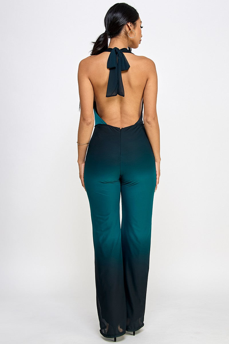 Loren Ombre Mesh Halter Neck Open Back Jumpsuit