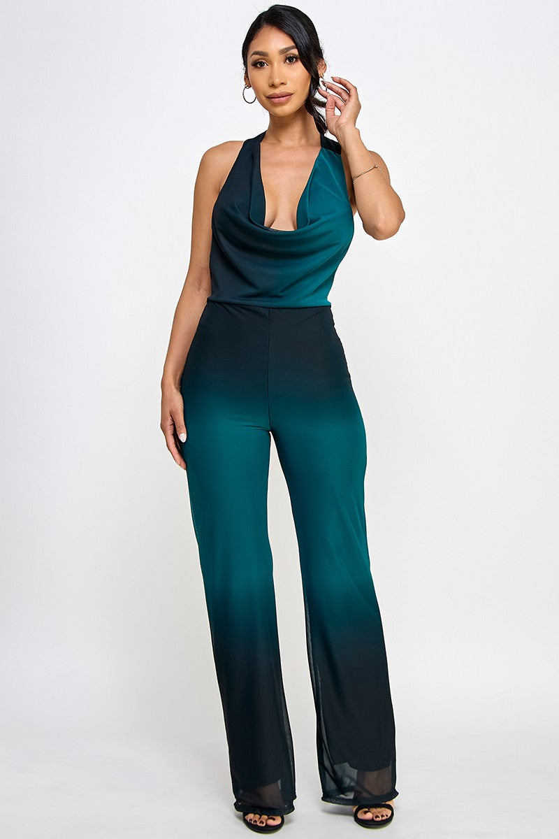 Loren Ombre Mesh Halter Neck Open Back Jumpsuit