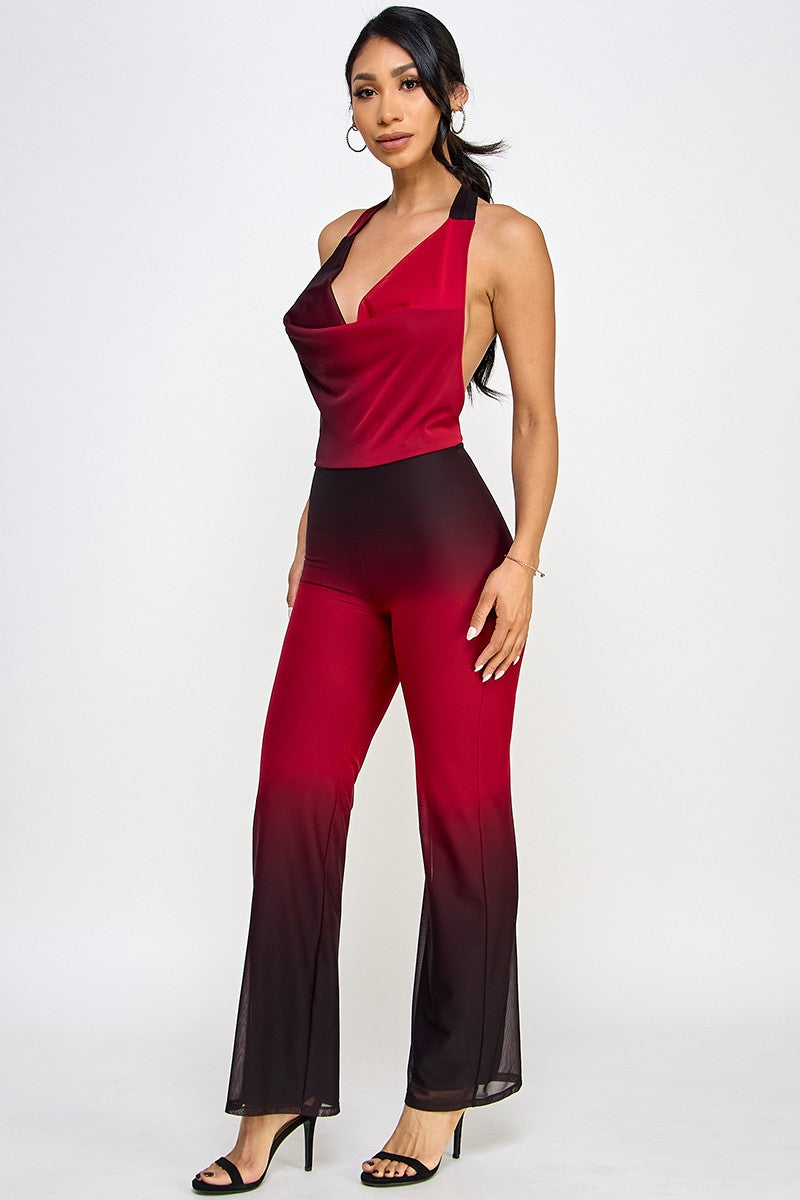 Loren Ombre Mesh Halter Neck Open Back Jumpsuit