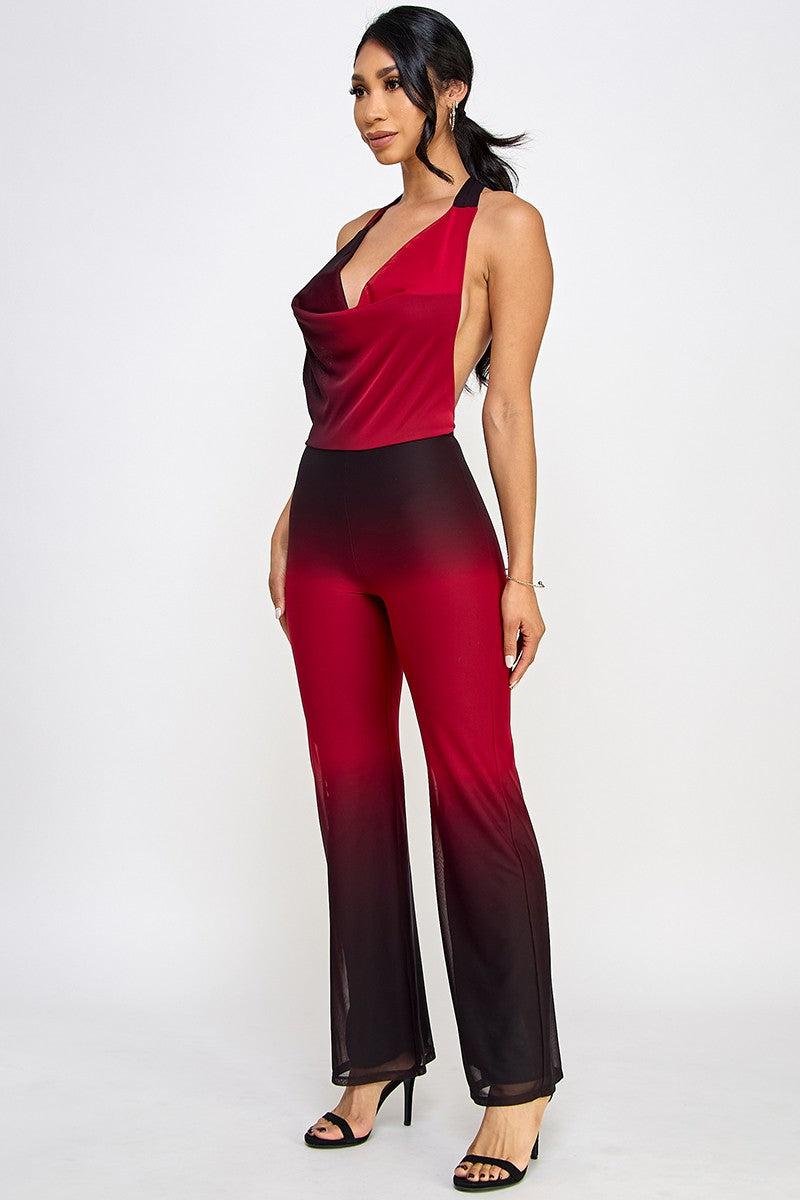 Loren Ombre Mesh Halter Neck Open Back Jumpsuit