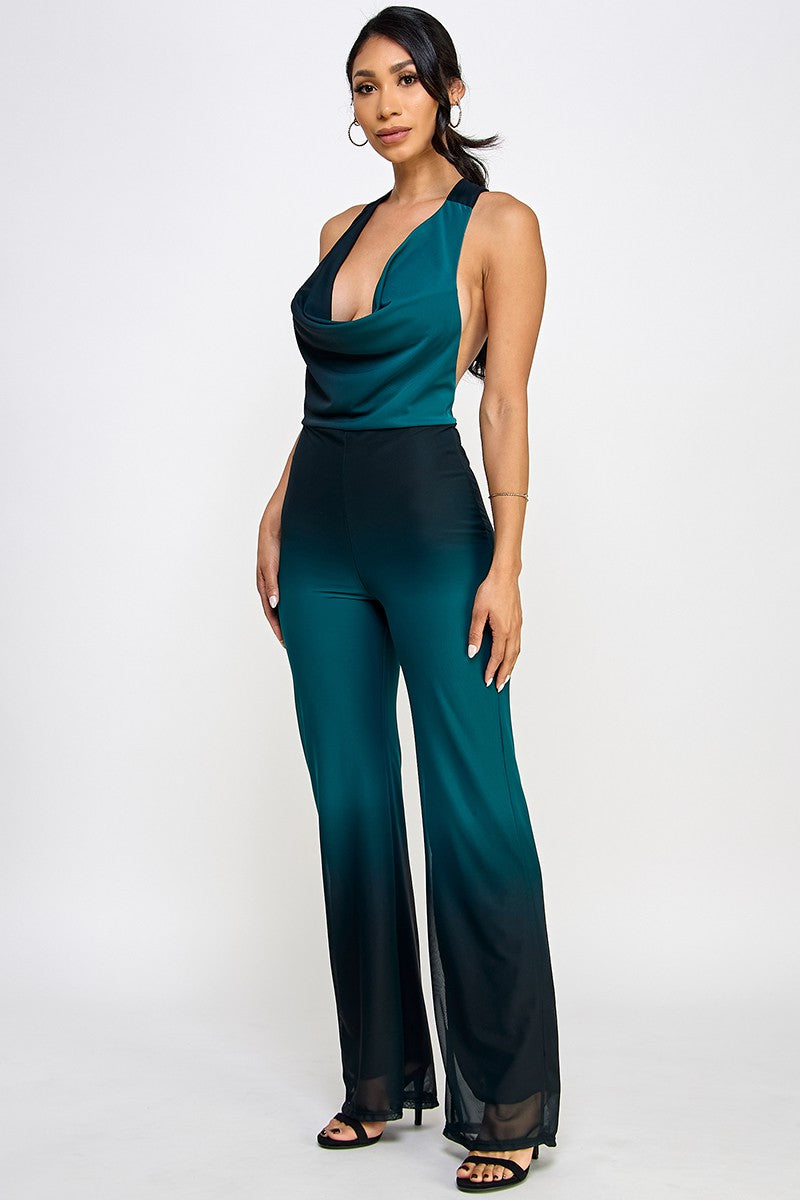 Loren Ombre Mesh Halter Neck Open Back Jumpsuit