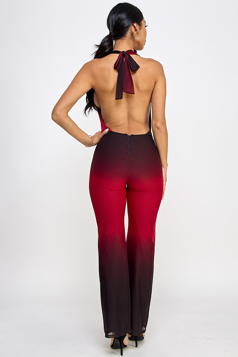 Loren Ombre Mesh Halter Neck Open Back Jumpsuit