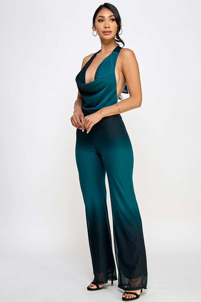 Loren Ombre Mesh Halter Neck Open Back Jumpsuit
