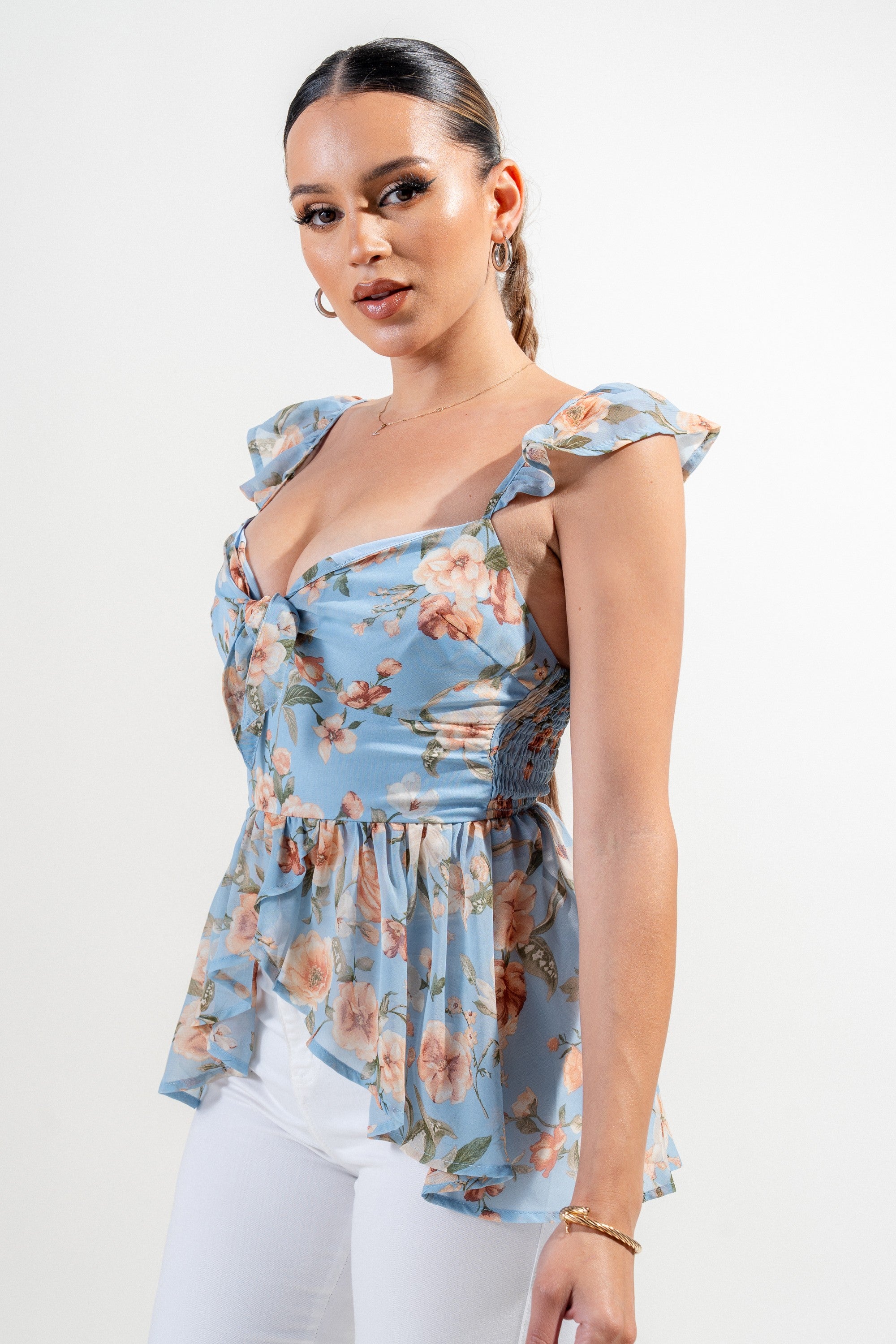 Willa Sweetheart Neck Floral Print Flutter Ruffle Top