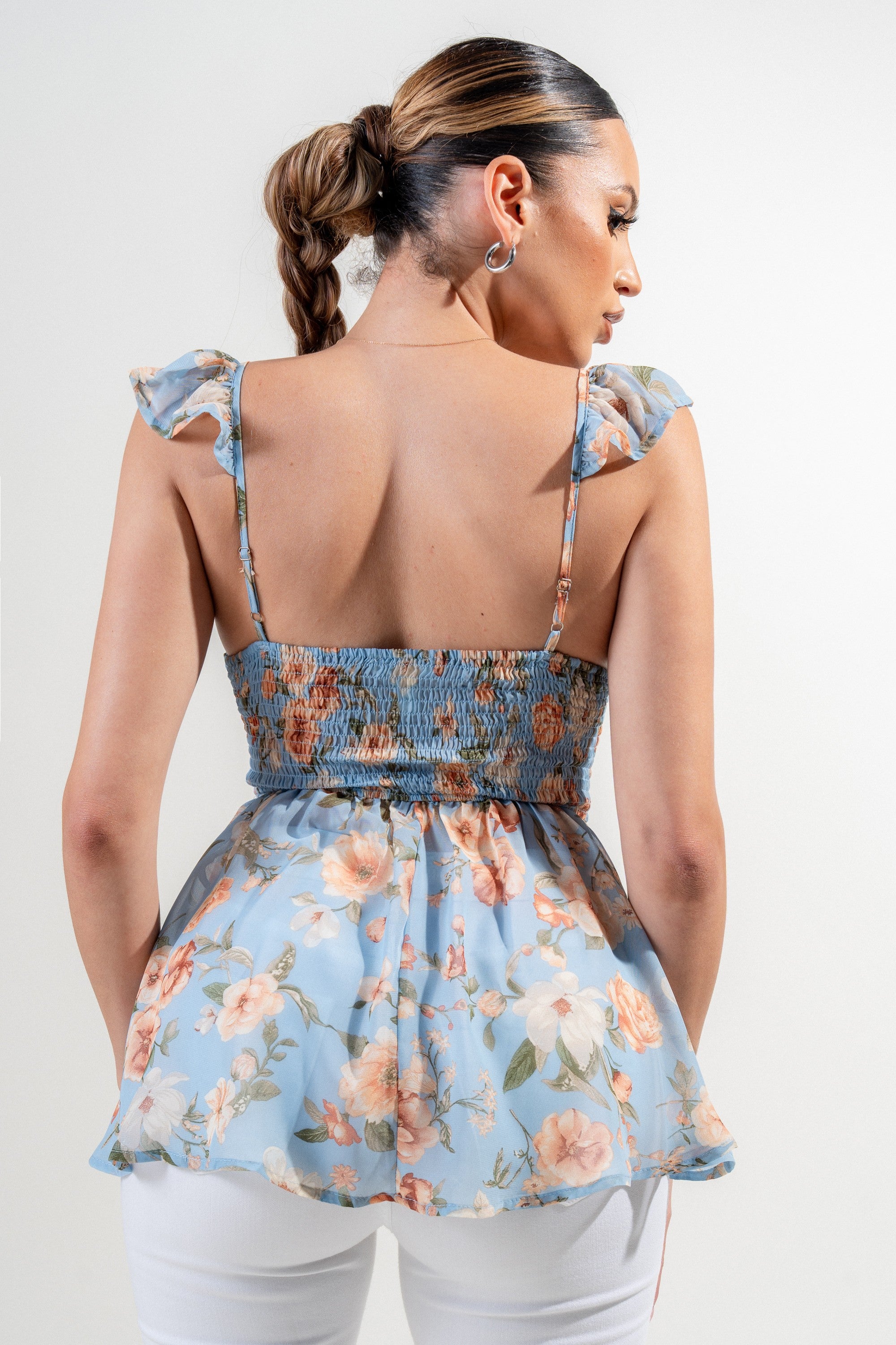 Willa Sweetheart Neck Floral Print Flutter Ruffle Top