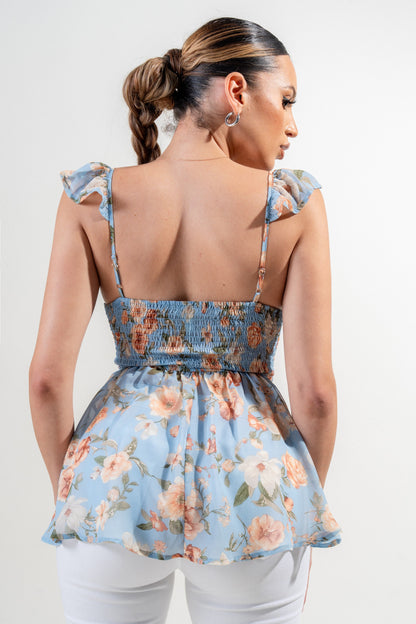 Willa Sweetheart Neck Floral Print Flutter Ruffle Top