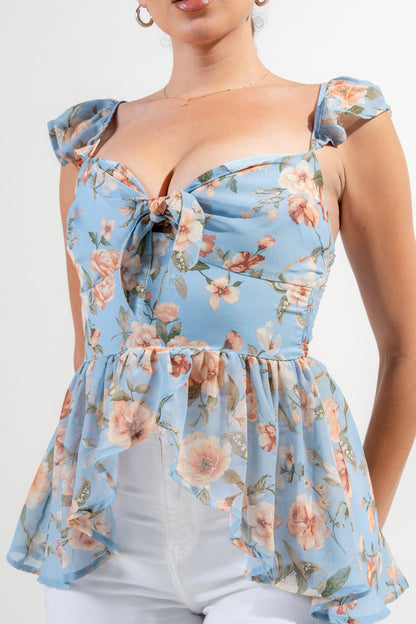 Willa Sweetheart Neck Floral Print Flutter Ruffle Top