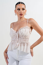 Elvia Sweetheart Neckline Cami Strap Ruffle Chiffon Top