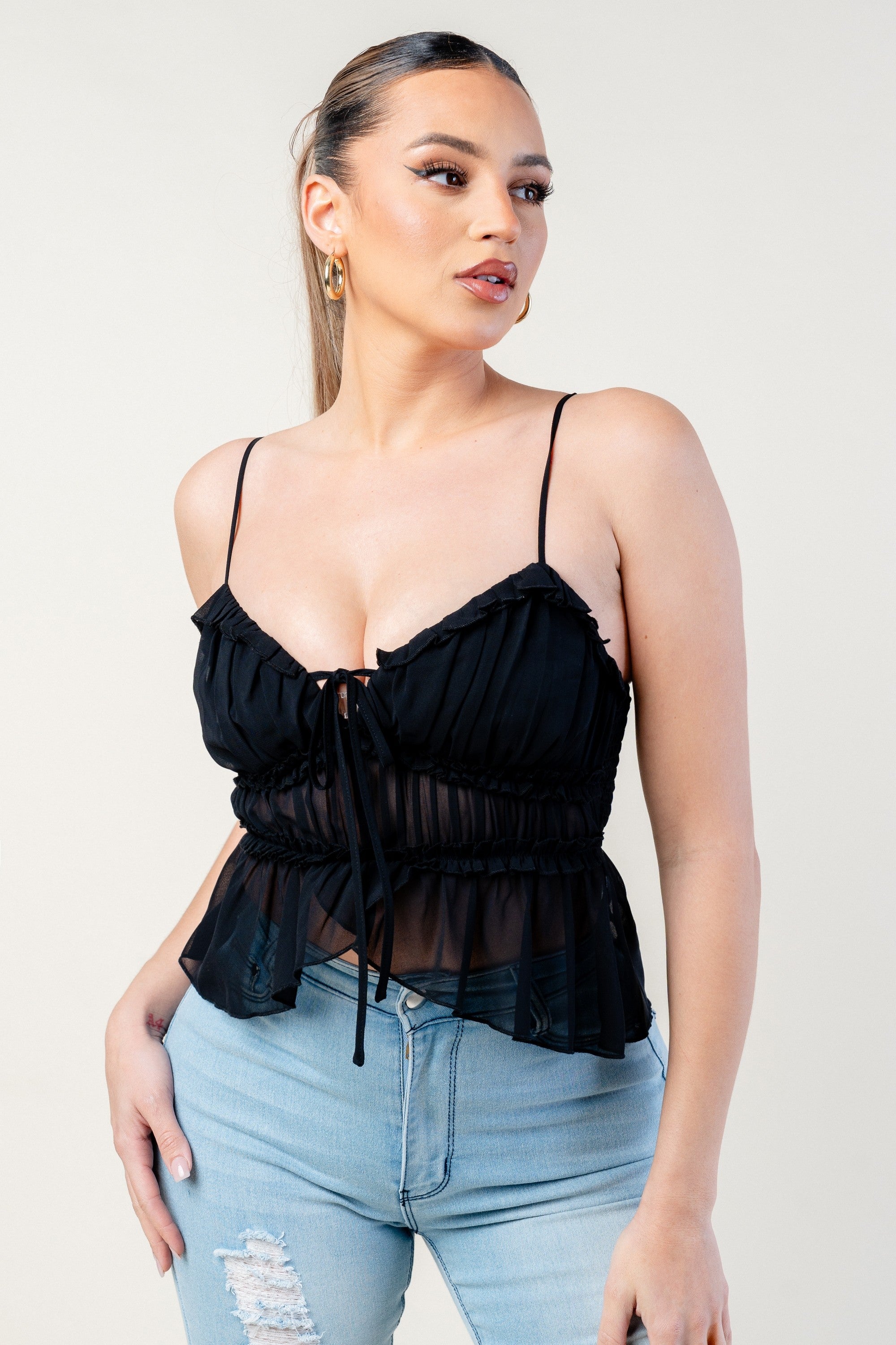 Elvia Sweetheart Neckline Cami Strap Ruffle Chiffon Top