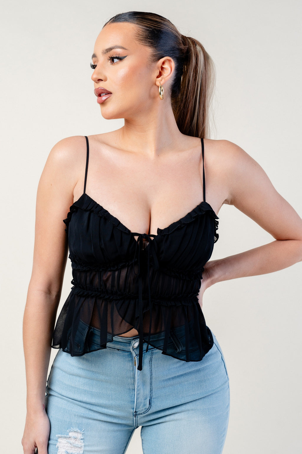 Elvia Sweetheart Neckline Cami Strap Ruffle Chiffon Top