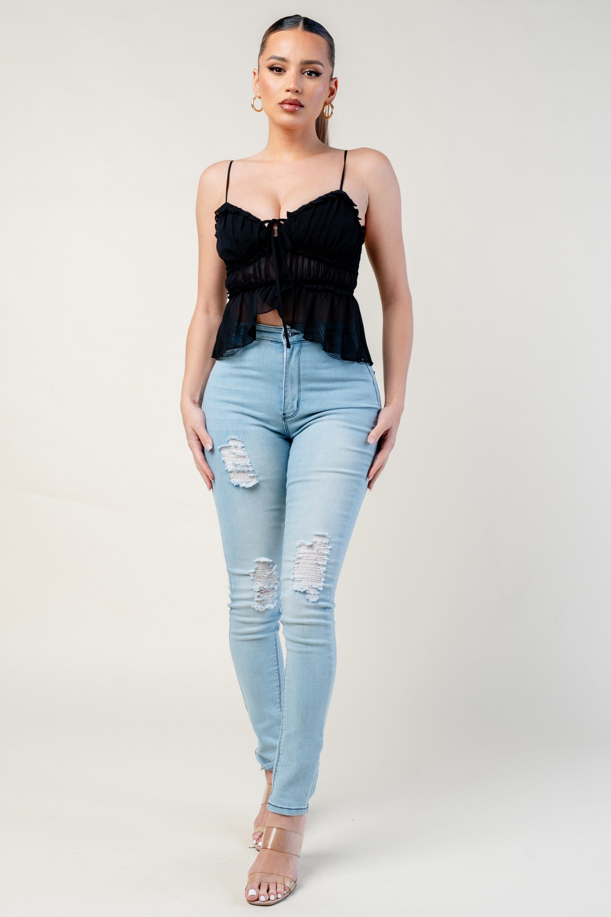 Elvia Sweetheart Neckline Cami Strap Ruffle Chiffon Top