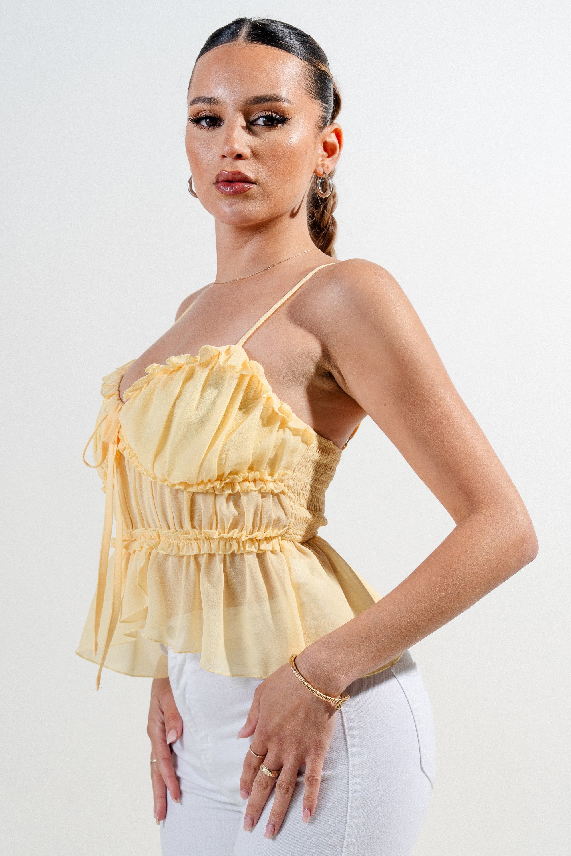 Elvia Sweetheart Neckline Cami Strap Ruffle Chiffon Top