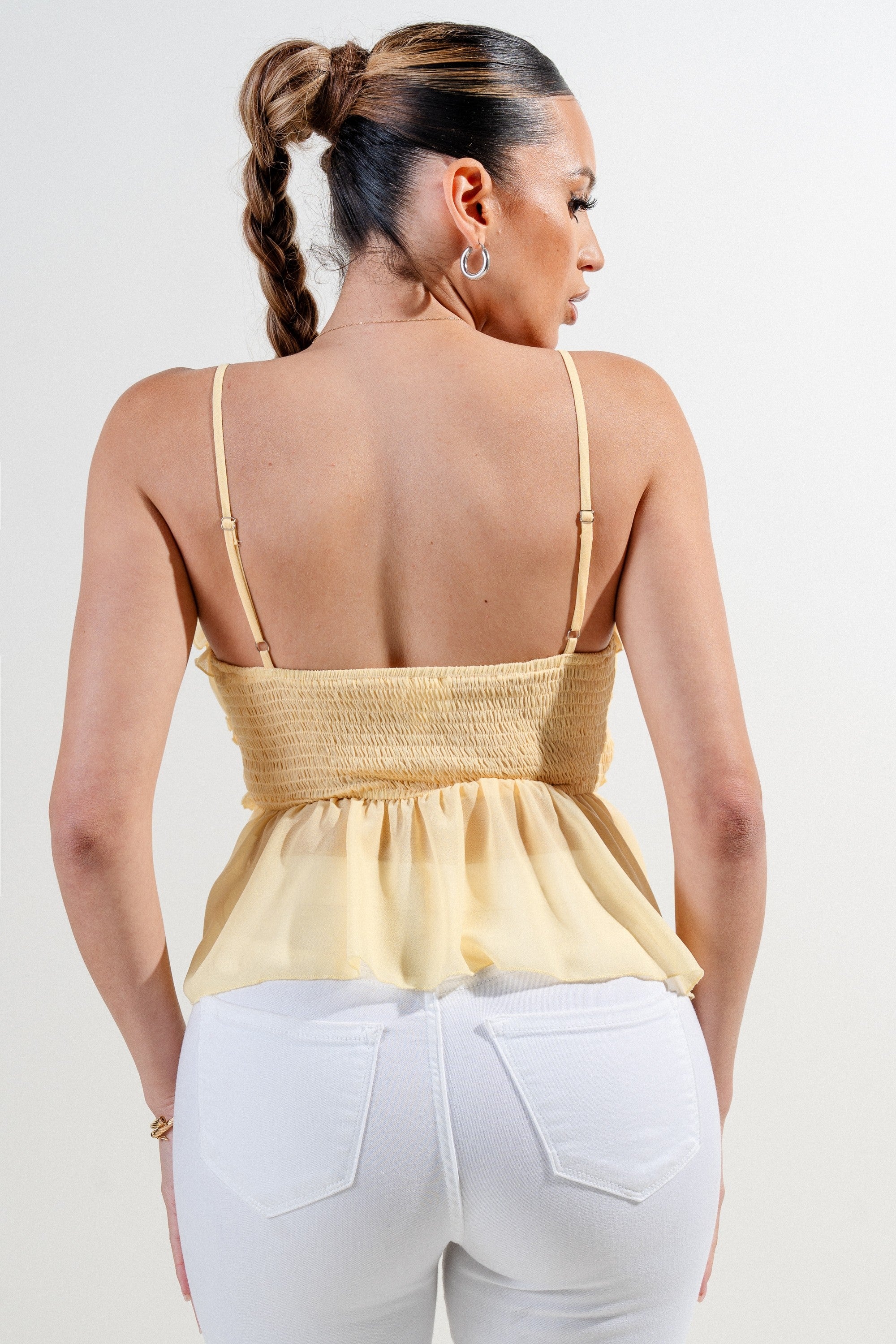 Elvia Sweetheart Neckline Cami Strap Ruffle Chiffon Top