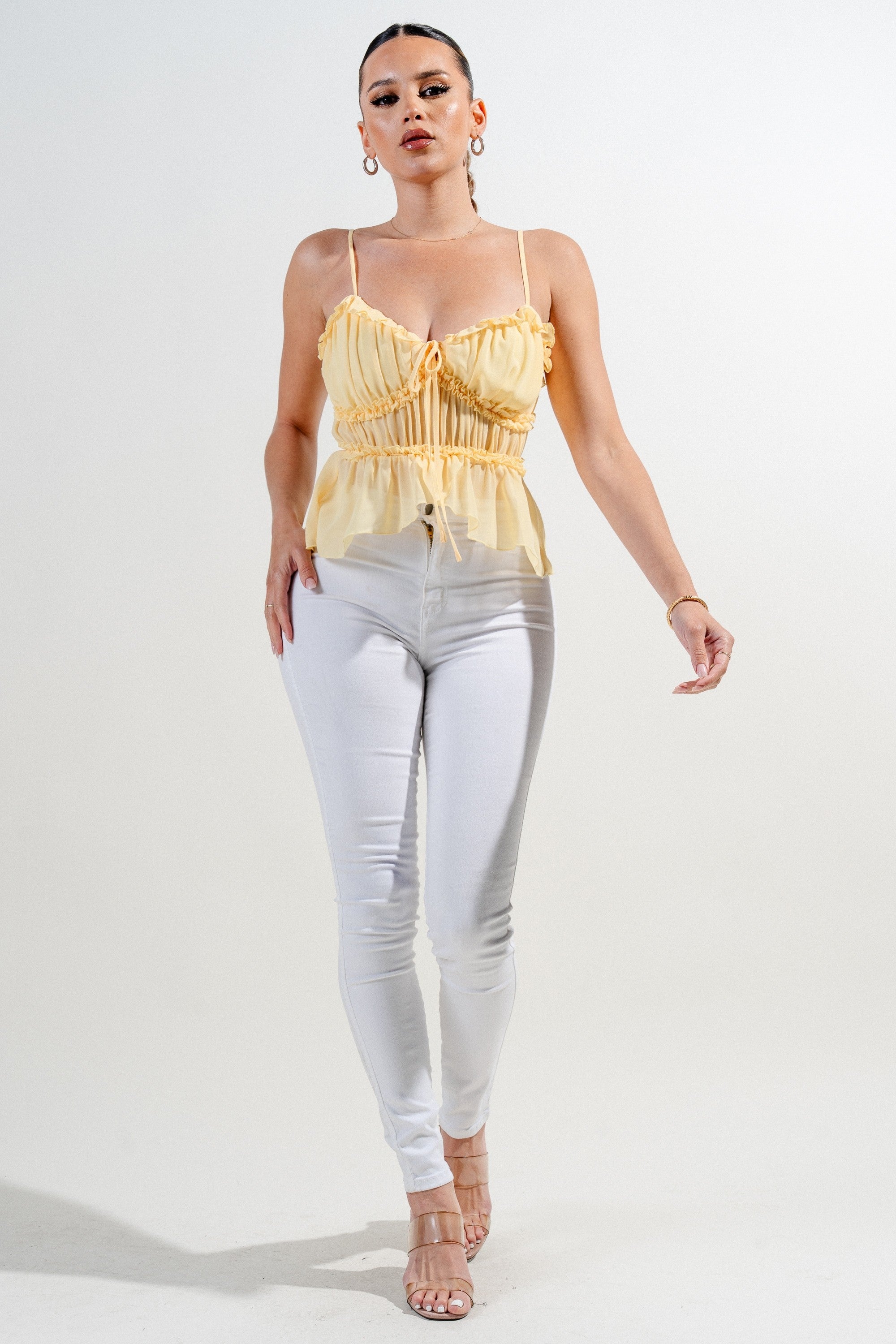 Elvia Sweetheart Neckline Cami Strap Ruffle Chiffon Top