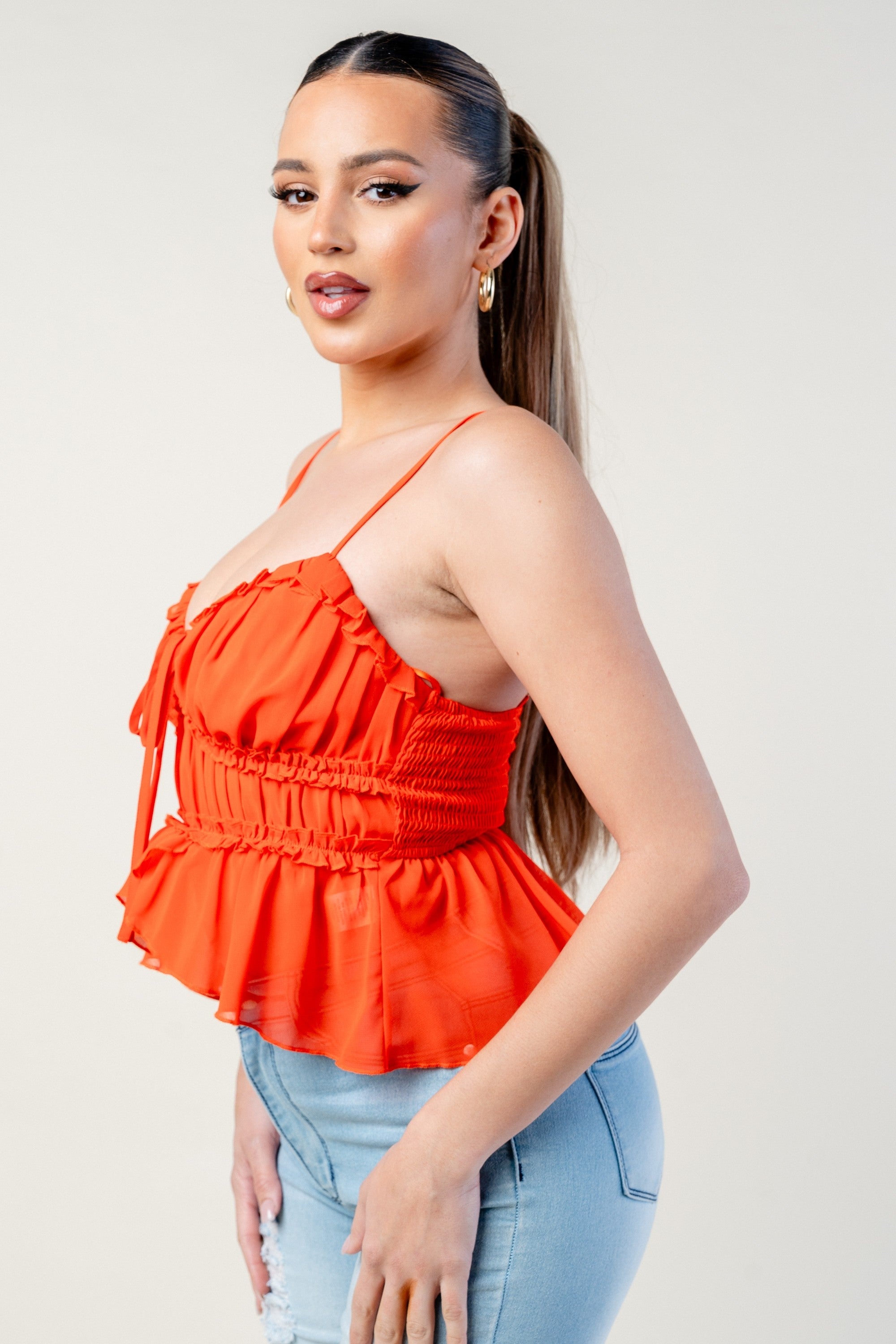 Elvia Sweetheart Neckline Cami Strap Ruffle Chiffon Top