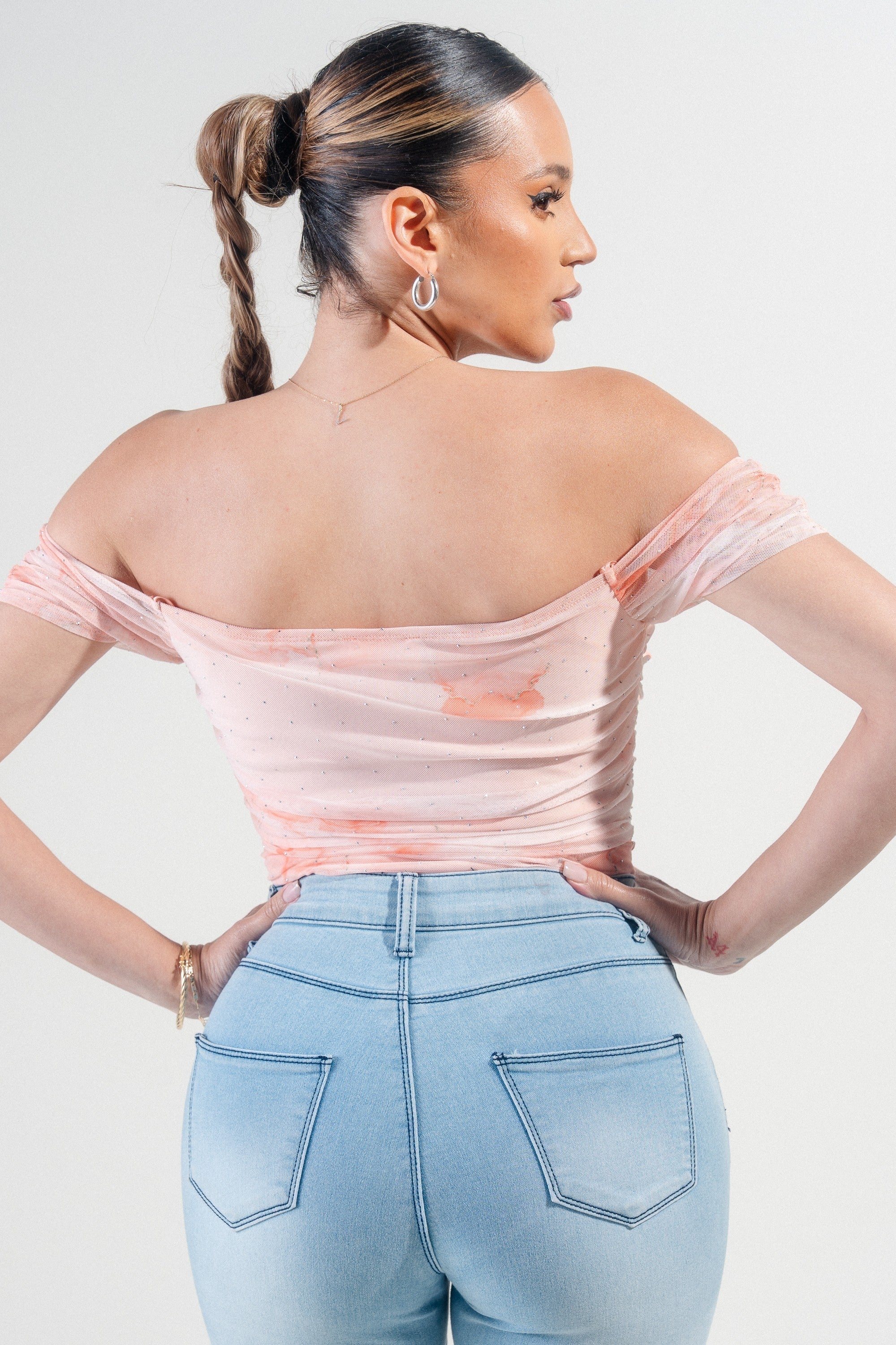 Coralie Hotfix Printed Mesh Off Shoulder Bodysuit