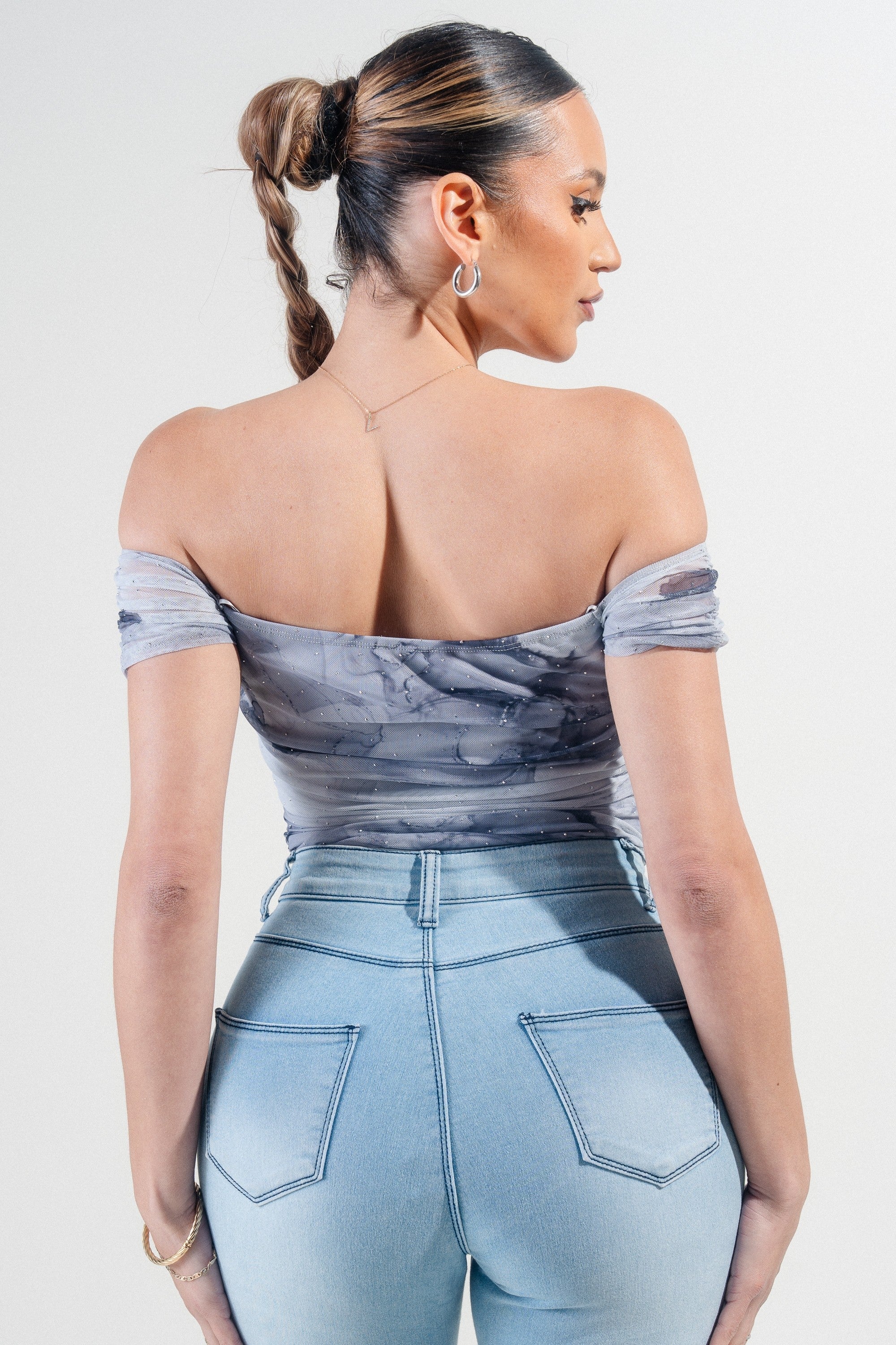 Coralie Hotfix Printed Mesh Off Shoulder Bodysuit