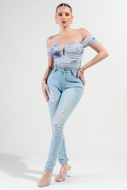 Coralie Hotfix Printed Mesh Off Shoulder Bodysuit