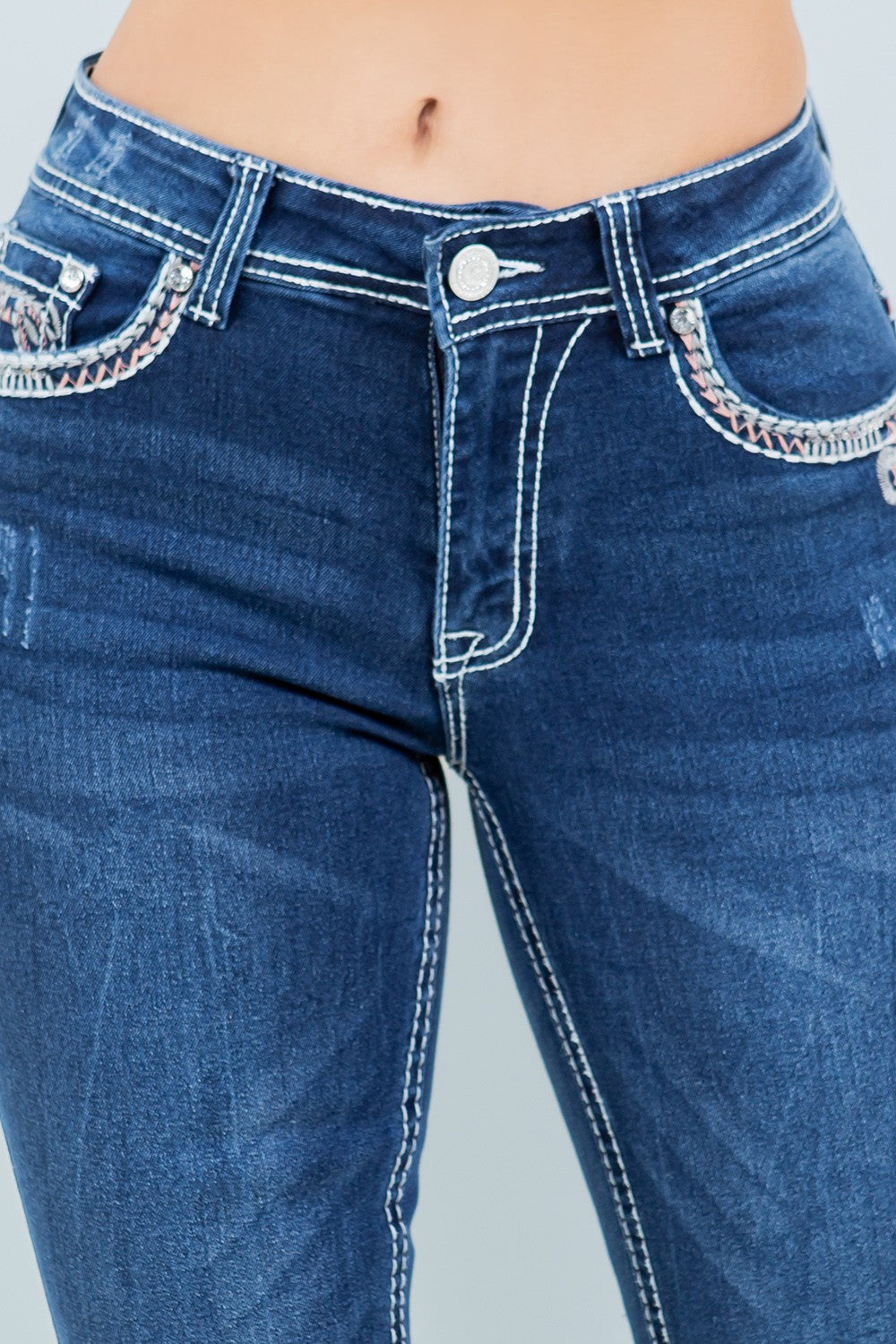 Shayenne Mid Rise Embroidered Stitch Pockets Bootcut Jeans