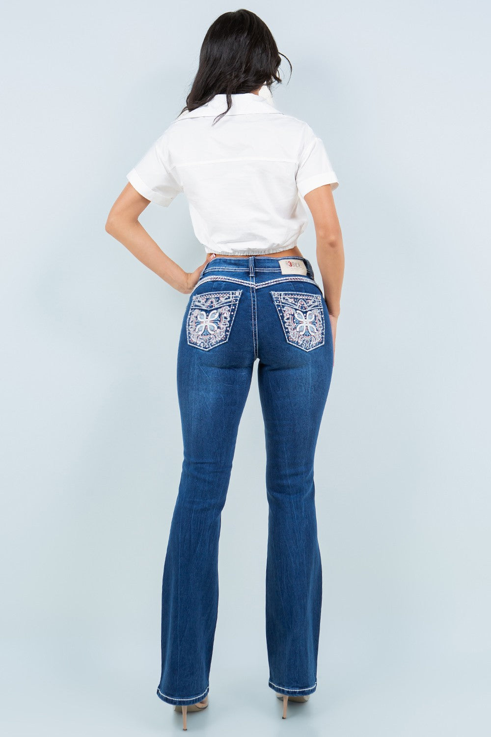 Shayenne Mid Rise Embroidered Stitch Pockets Bootcut Jeans
