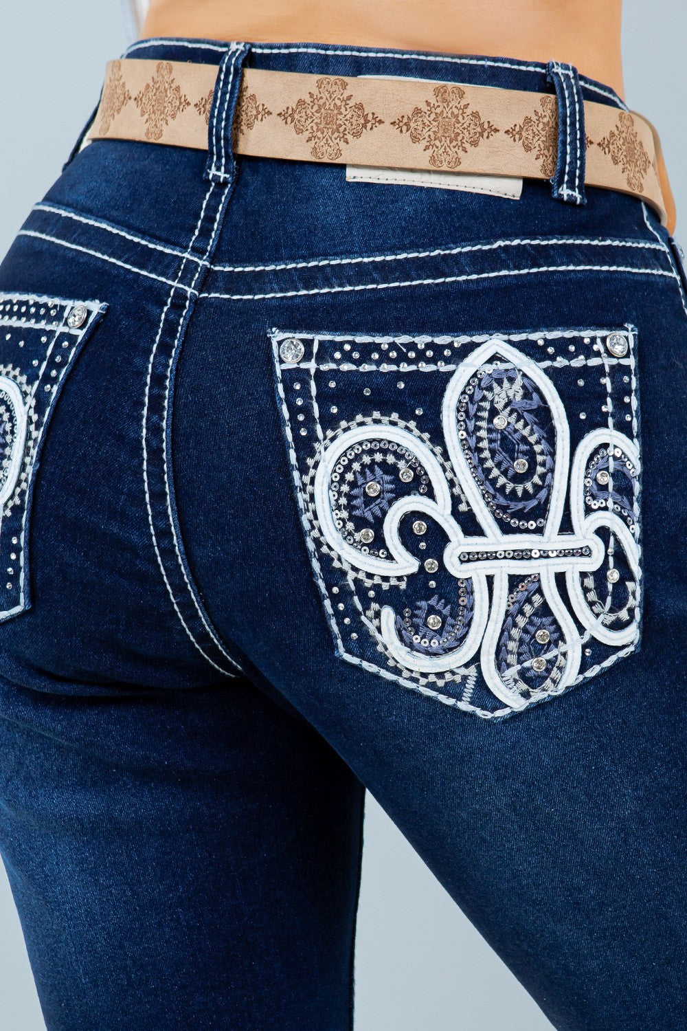 Lorena Mid Rise Embroidered Stitch Slim Fit Bootcut Jeans