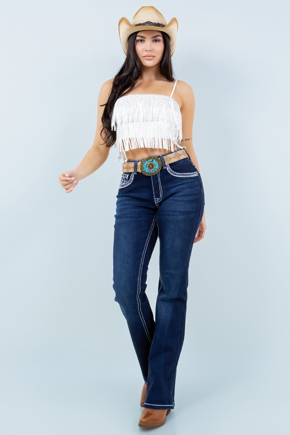 Lorena Mid Rise Embroidered Stitch Slim Fit Bootcut Jeans