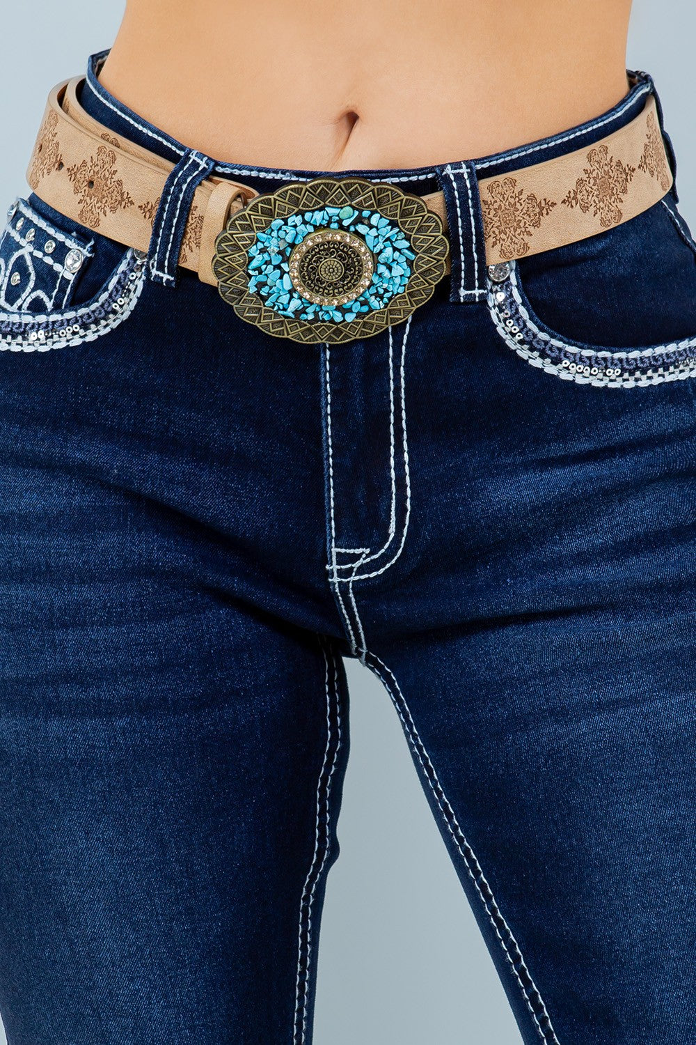 Lorena Mid Rise Embroidered Stitch Slim Fit Bootcut Jeans