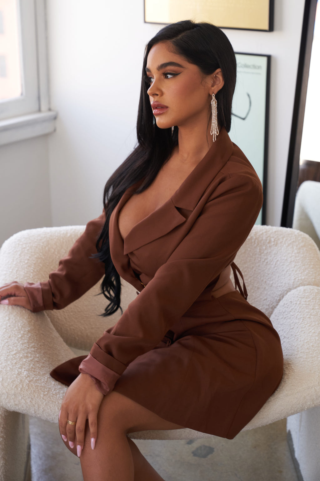 Maxine Deep V Neck Open Back Mini Blazer Dress