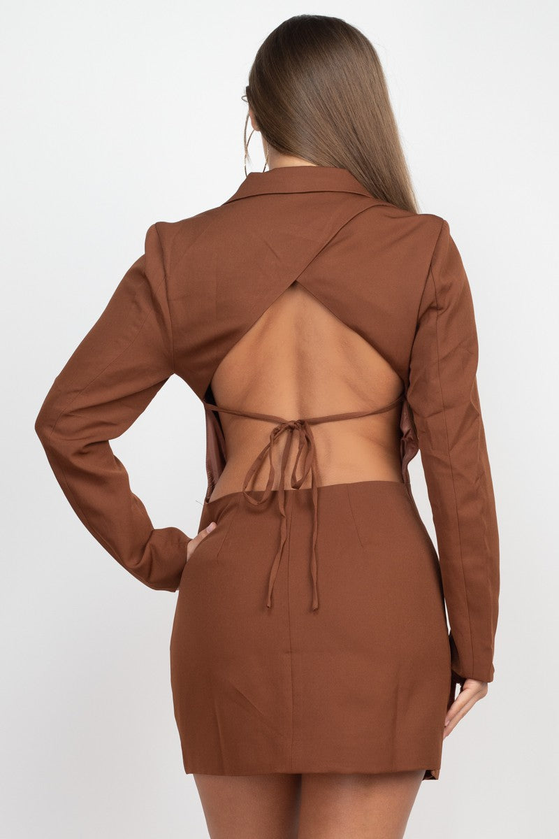 Maxine Deep V Neck Open Back Mini Blazer Dress