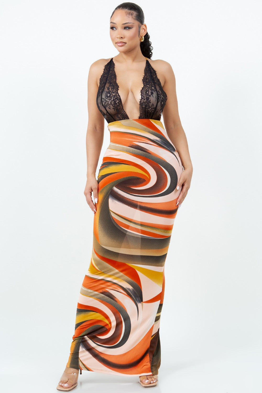 Soraya Deep V Neck Lace Bust Halter Mesh Maxi Dress