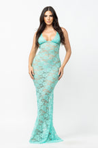Helena Deep V Neck Sheer Lace Mesh Maxi Dress