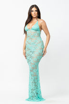 Helena Deep V Neck Sheer Lace Mesh Maxi Dress