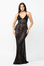 Helena Deep V Neck Sheer Lace Mesh Maxi Dress