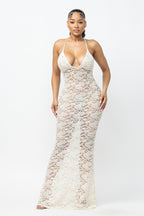 Helena Deep V Neck Sheer Lace Mesh Maxi Dress