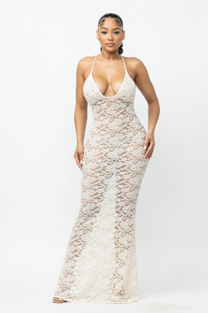 Helena Deep V Neck Sheer Lace Mesh Maxi Dress
