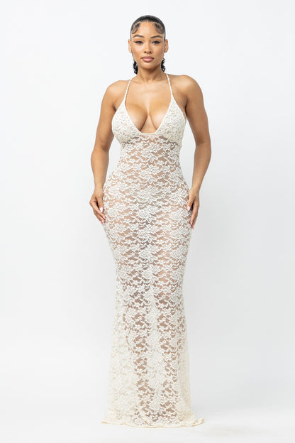 Helena Deep V Neck Sheer Lace Mesh Maxi Dress
