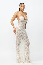 Helena Deep V Neck Sheer Lace Mesh Maxi Dress