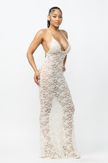 Helena Deep V Neck Sheer Lace Mesh Maxi Dress