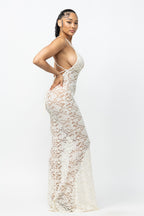 Helena Deep V Neck Sheer Lace Mesh Maxi Dress