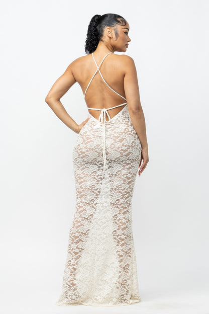 Helena Deep V Neck Sheer Lace Mesh Maxi Dress