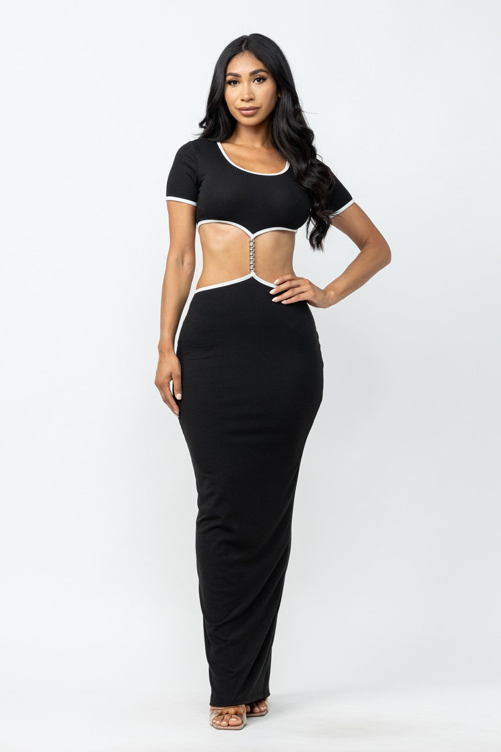 Rachel Contrast Trim Cut Out Open Back Maxi Dress